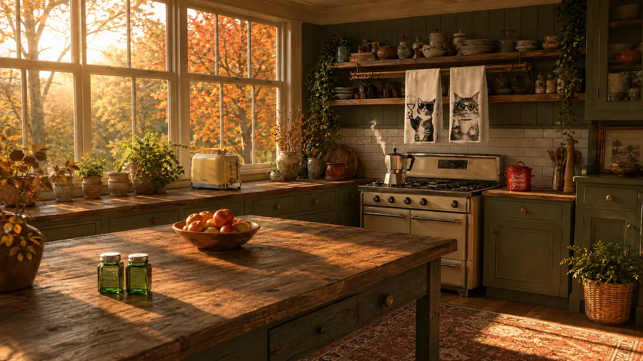 A green farmhouse kitchen in autumn light: a maple turning outside the windows, two cat tea towels on the rail, a yellow toaster on the counter, a stovetop coffee maker steaming on the range, a red bacon grease tin beside it and green glass shakers on the table.
