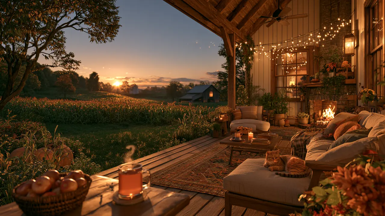 The same porch at dusk, pumpkins on the step, a fire lit and a cat asleep in a chair.