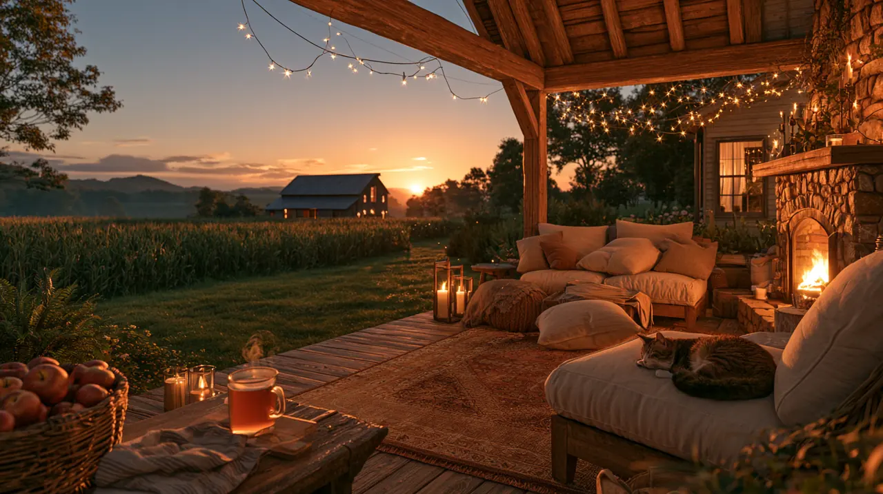 The porch at sunset, strung with lights, the fire lit and the cat still asleep.